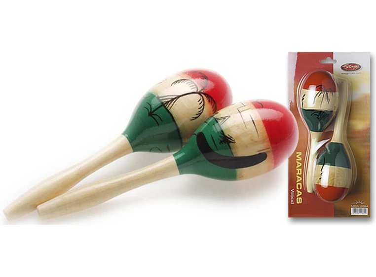 Stagg MRW-26M Maracas 26 cm i tre, oval. Rød, grønn og natur 